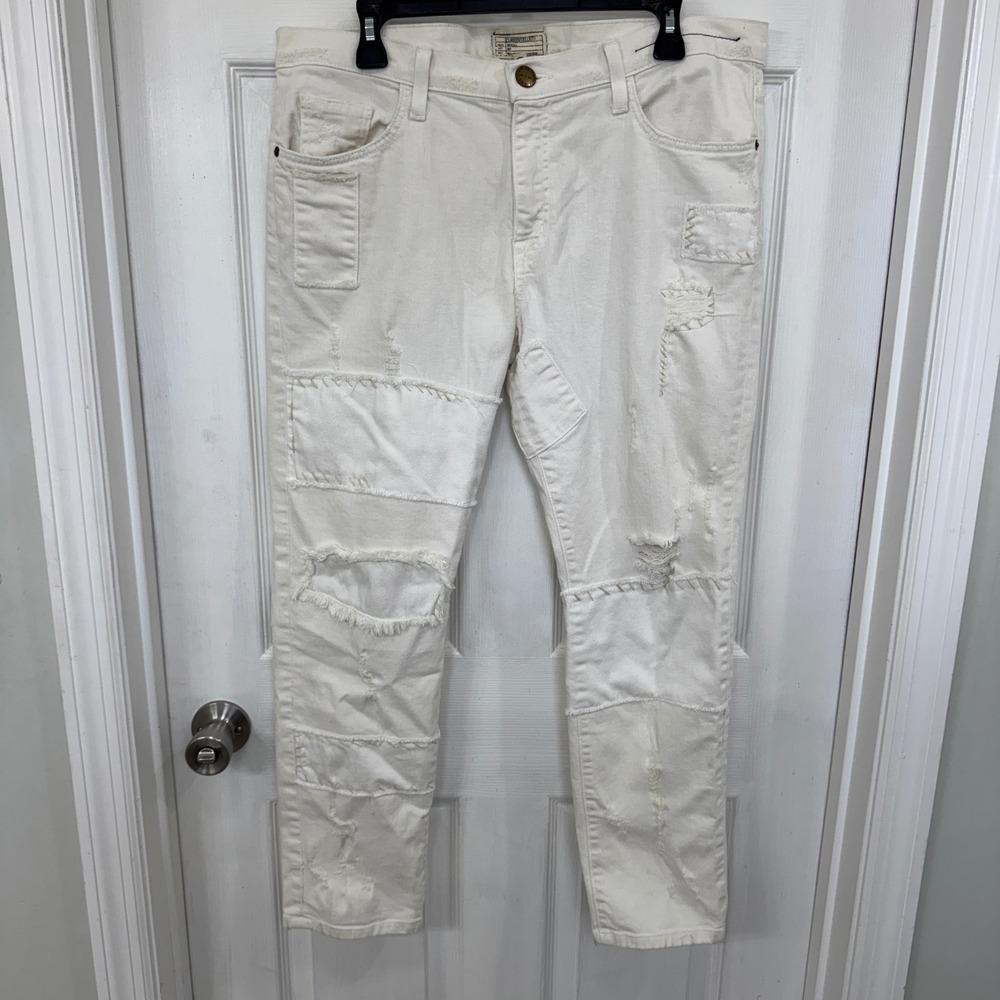 Current Elliott The Fling White Distressed Patchwork Jeans 31 Slow Steady Repair